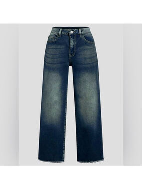 Flamingals Straight Wide Leg Jeans Women Mid Waisted Casual Raw Hem Denim 2XL